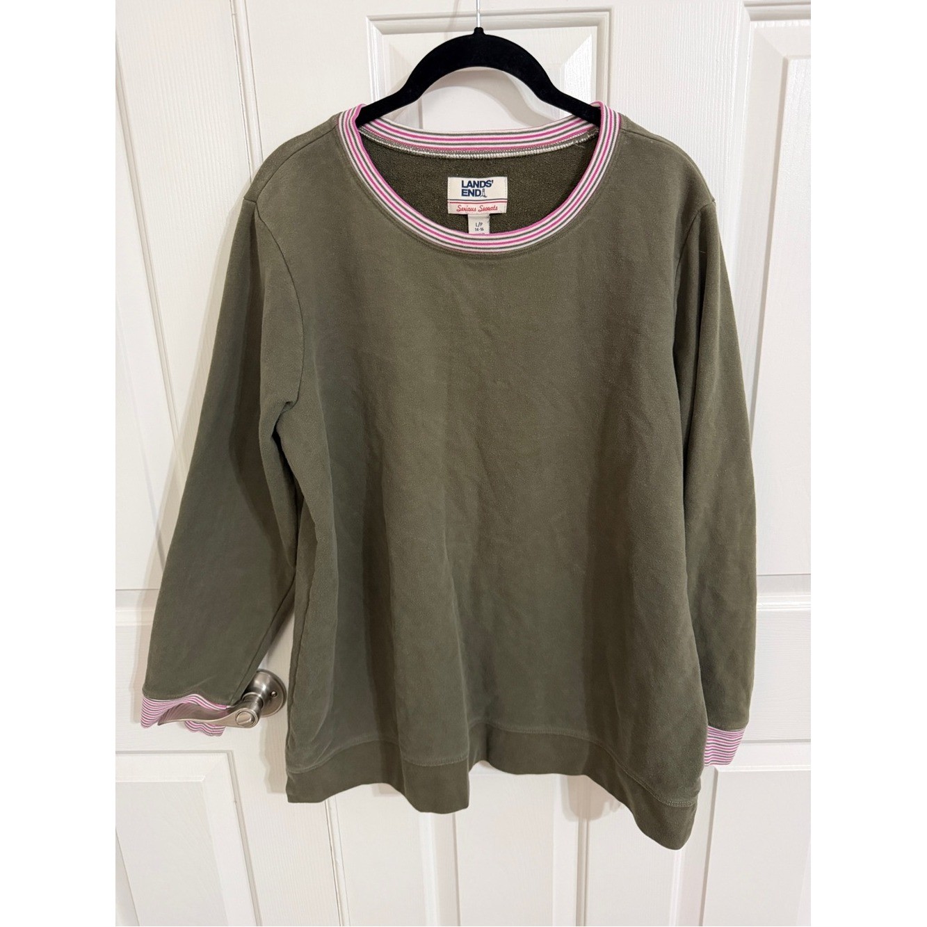 Lands End Serious Sweats Olive Green Sweatshirt Womens L 14-16 Pink Stripe Trim