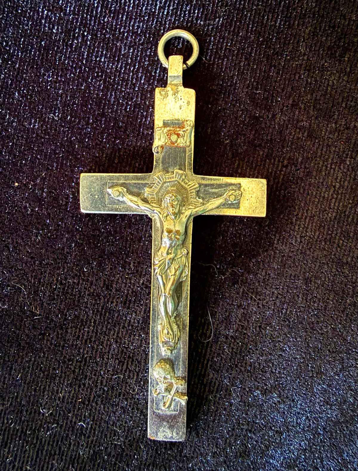 Vintage German Memento Mori Crucifix Pendant Skull & Crossbones Wood Inlay 3\