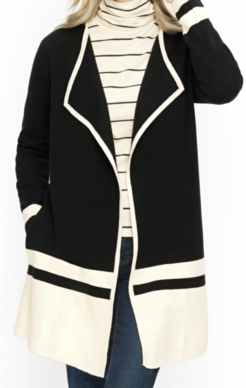 Talbots Women\'s Plus 2X Black White Merino Wool Knit Open Front Cardigan Pockets Talbots Women\'s Plus 2X Black White Merino Wool Knit Open Front Cardigan Pockets