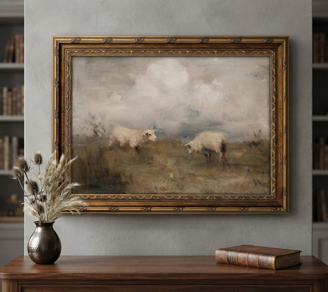 Vintage Gold Framed Vintage Sheep Wall art Antique Country Sheep Oil Painting Pr