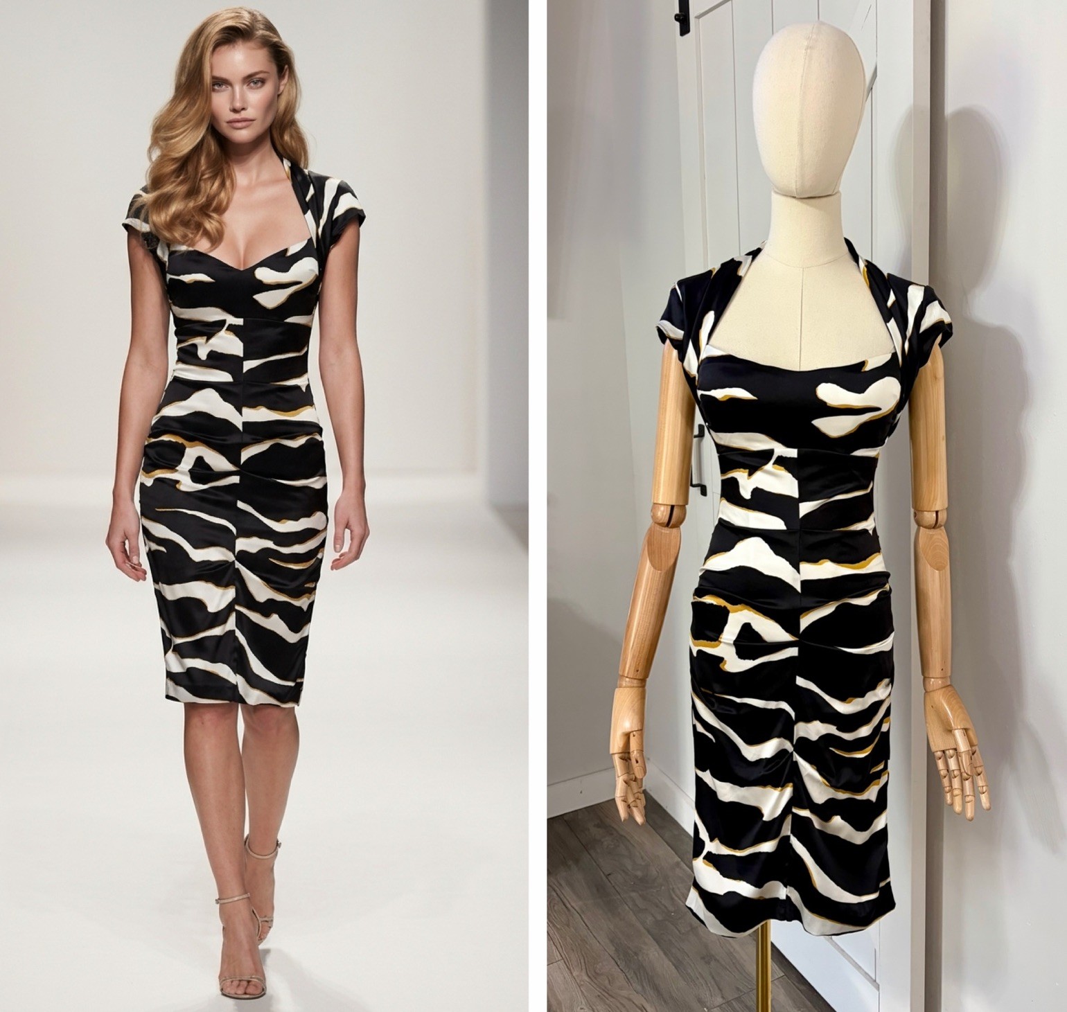 VTG Cache Size 2 Satin 100% Silk Bodycon Dress Animal Print Ruched Y2K