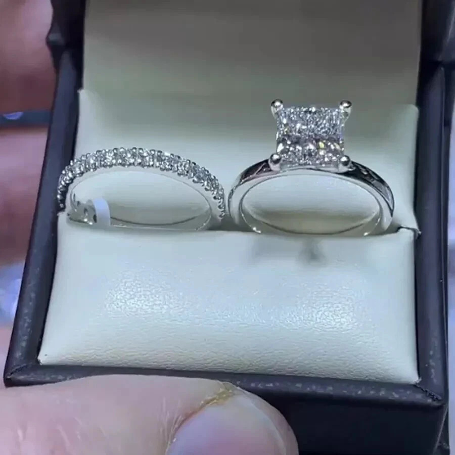 2.20Ctw Princess Cut Moissanite Bridal Set Engagement Ring 14K White Gold Plated