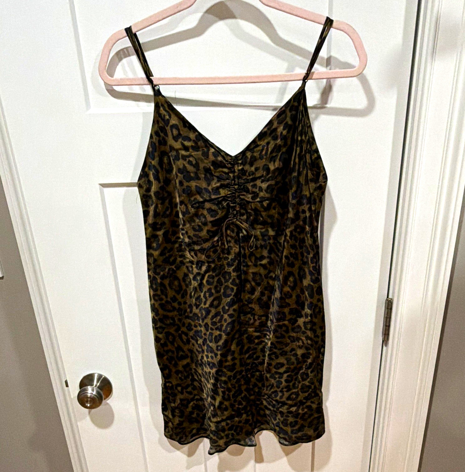 Zara Women\'s M Brown/Black Leopard Satin Ruched V-Neck Mini Slip Dress