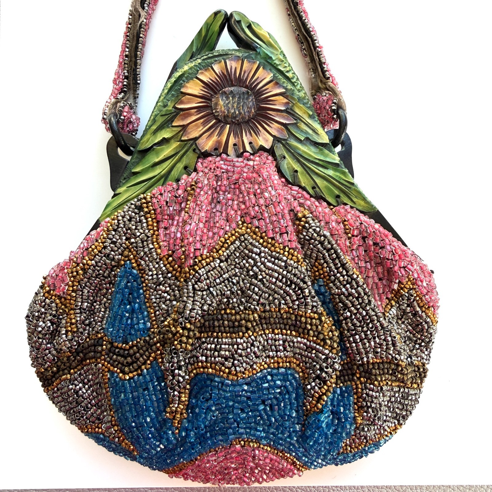 Antique 1920s Art Deco Beaded Purse Carved Sunflower Celluloid Frame Flapper