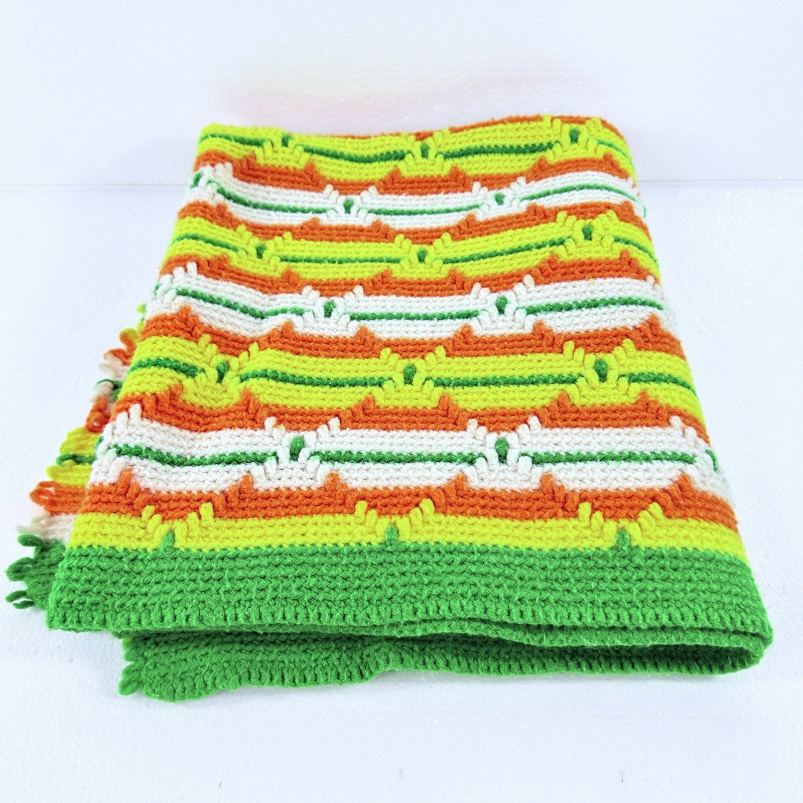 1970s Crochet Afghan Blanket Throw Striped Orange Green Yellow Grannycore 52x36