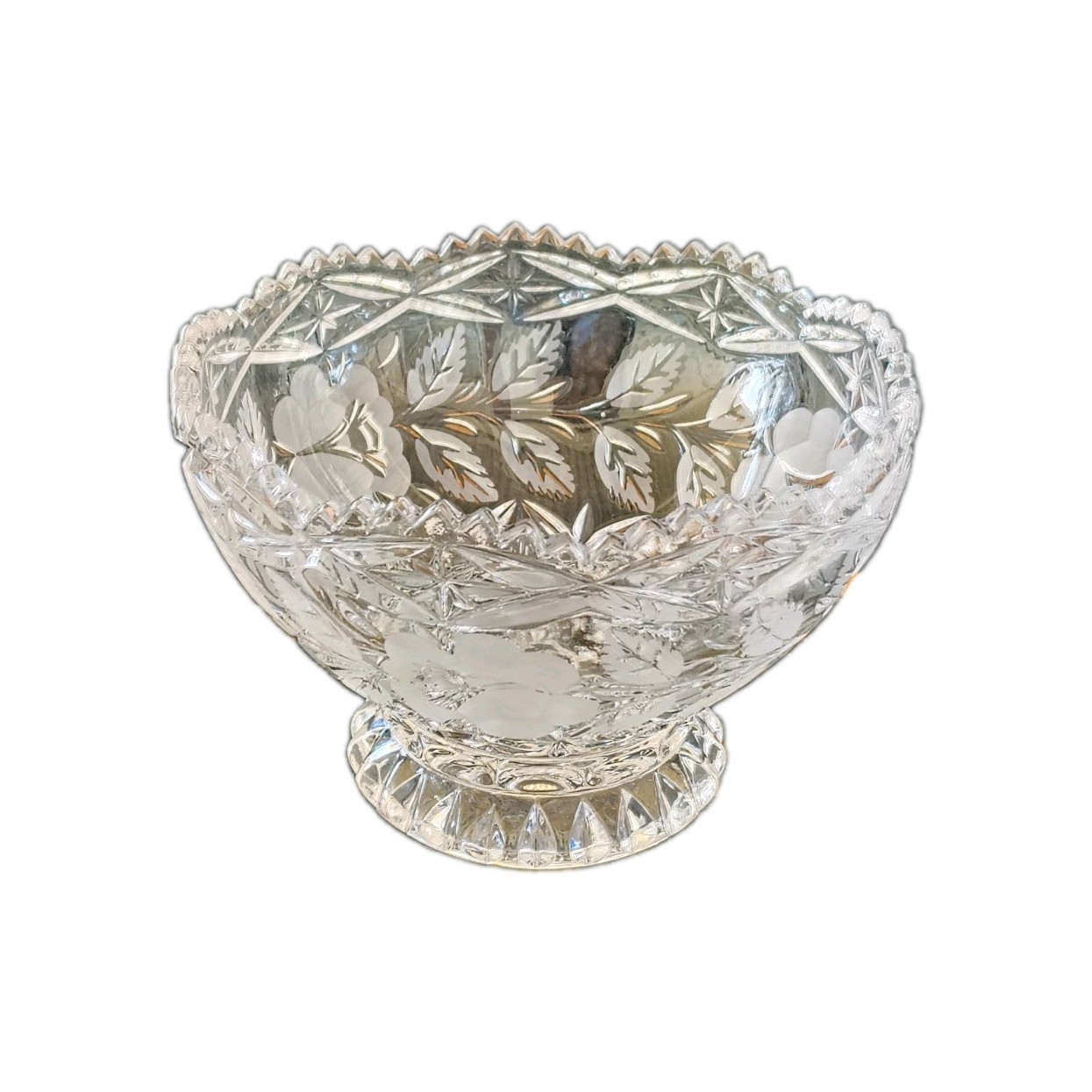 Crystal Cut Clear Footed Floral Sawtooth Bowl with Flower Leaves Vintage Crystal Cut Clear Footed Floral Sawtooth Bowl with Flower Leaves Vintage