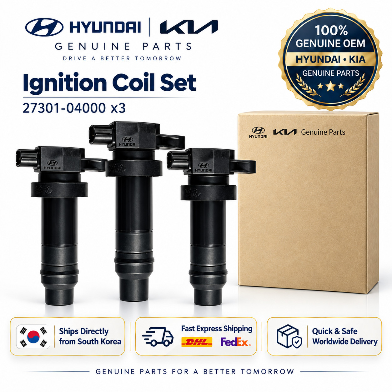3PCS Genuine OEM Hyundai Kia Ignition Coil 27301-04000 i10 Picanto Morning