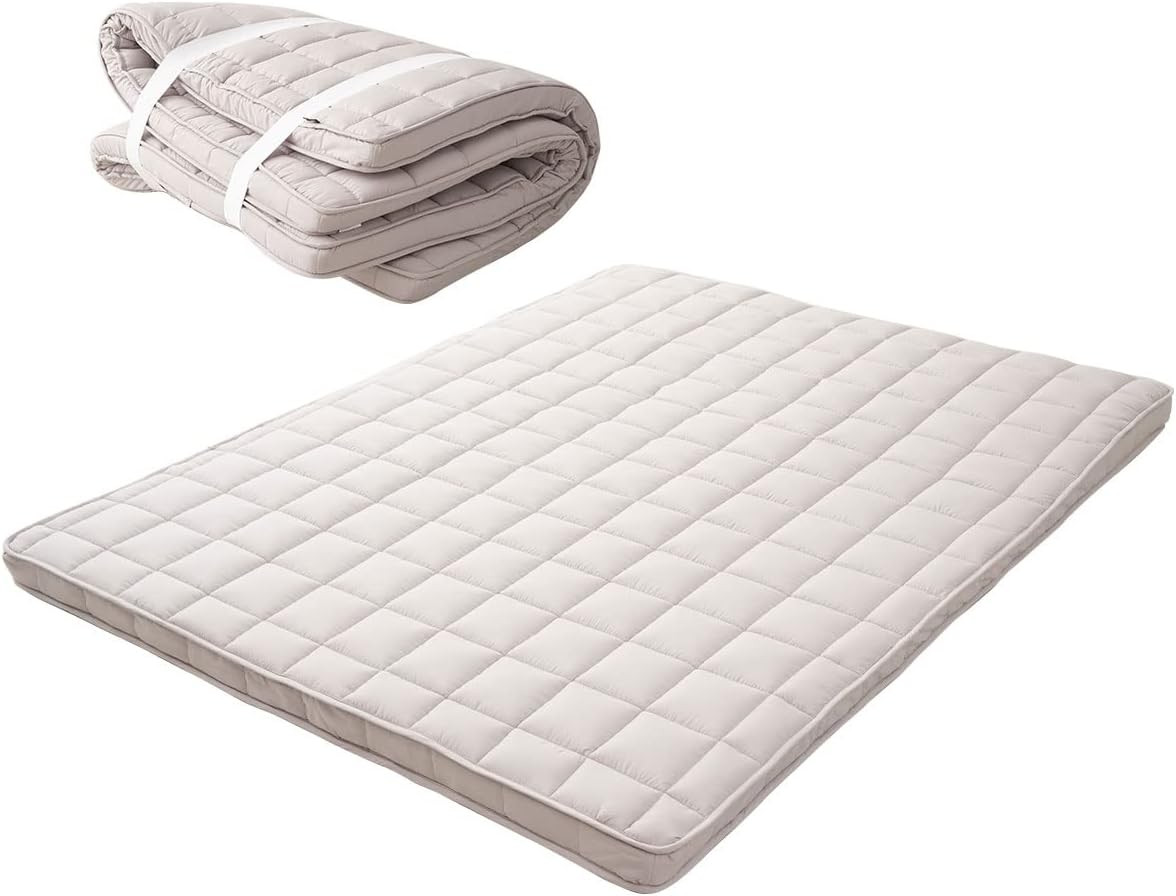 Japanese Padded Futon Mattress Machi Queen Gray, Gusset Foldable Storable Elasti