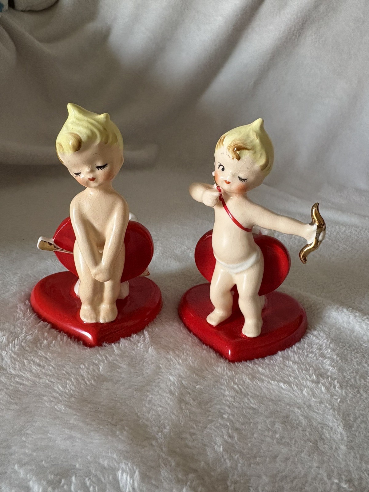 Vintage Rare 1958 Napco Valentine Candle Holders Cupid Cherub Red Heart REPAIRED