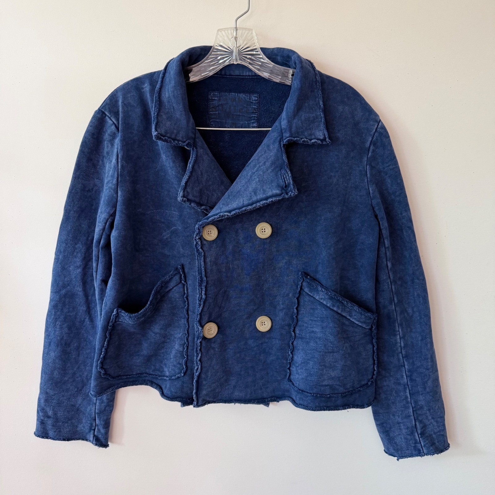 Rare NWOT FRANK & EILEEN Blue Indigo Triple Fleece Mini Belfast Peacoat LARGE