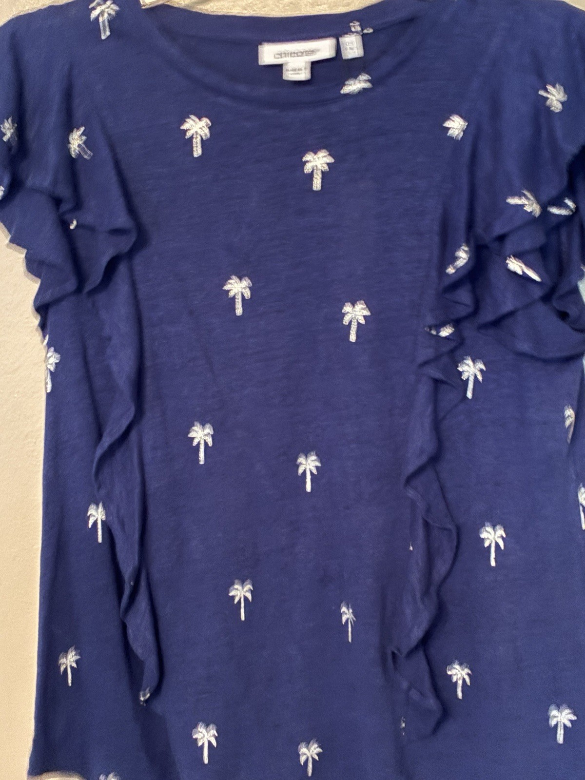 NWT Chico’s Palm Tree Print Linen Tee Size 0 Or Small Royal Blue NWT Chico’s Palm Tree Print Linen Tee Size 0 Or Small Royal Blue