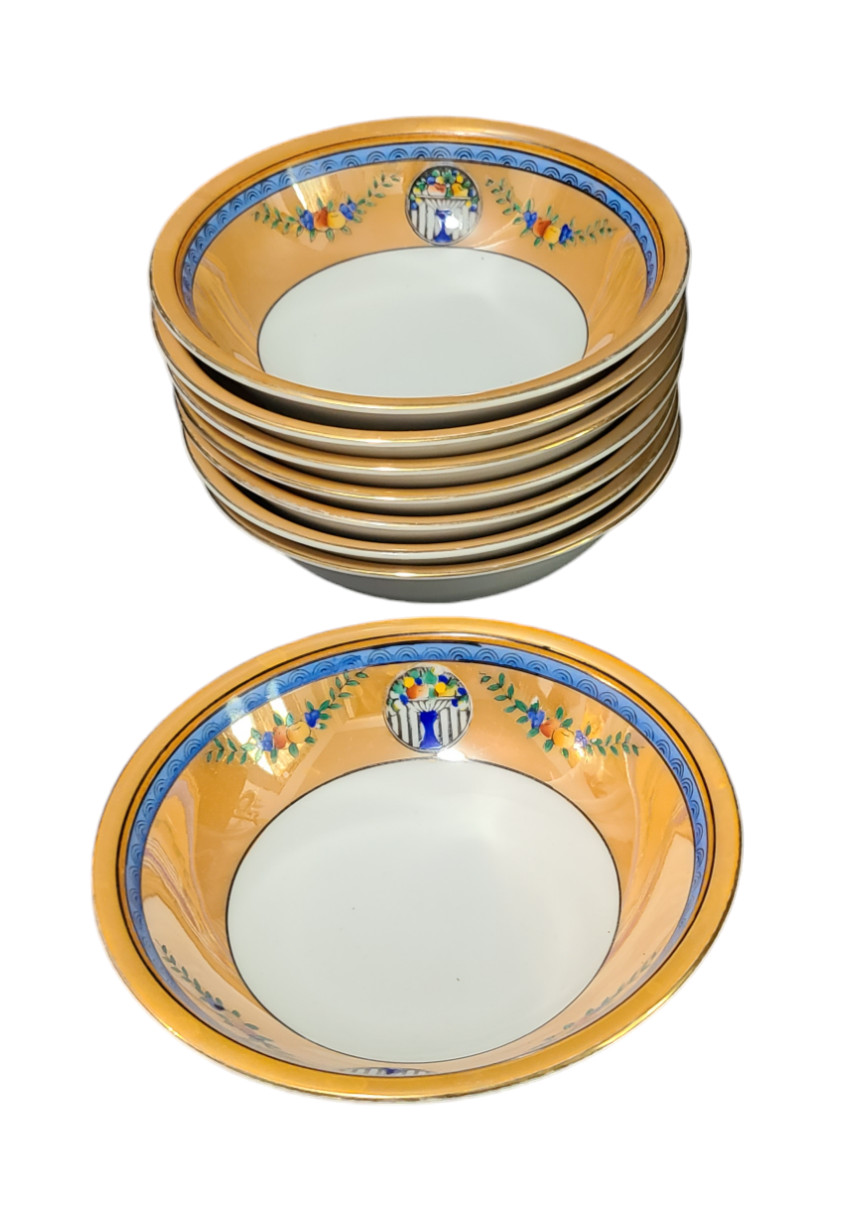 Antique Noritake Art Deco Set of 8 Lusterware Floral Pattern Bowls