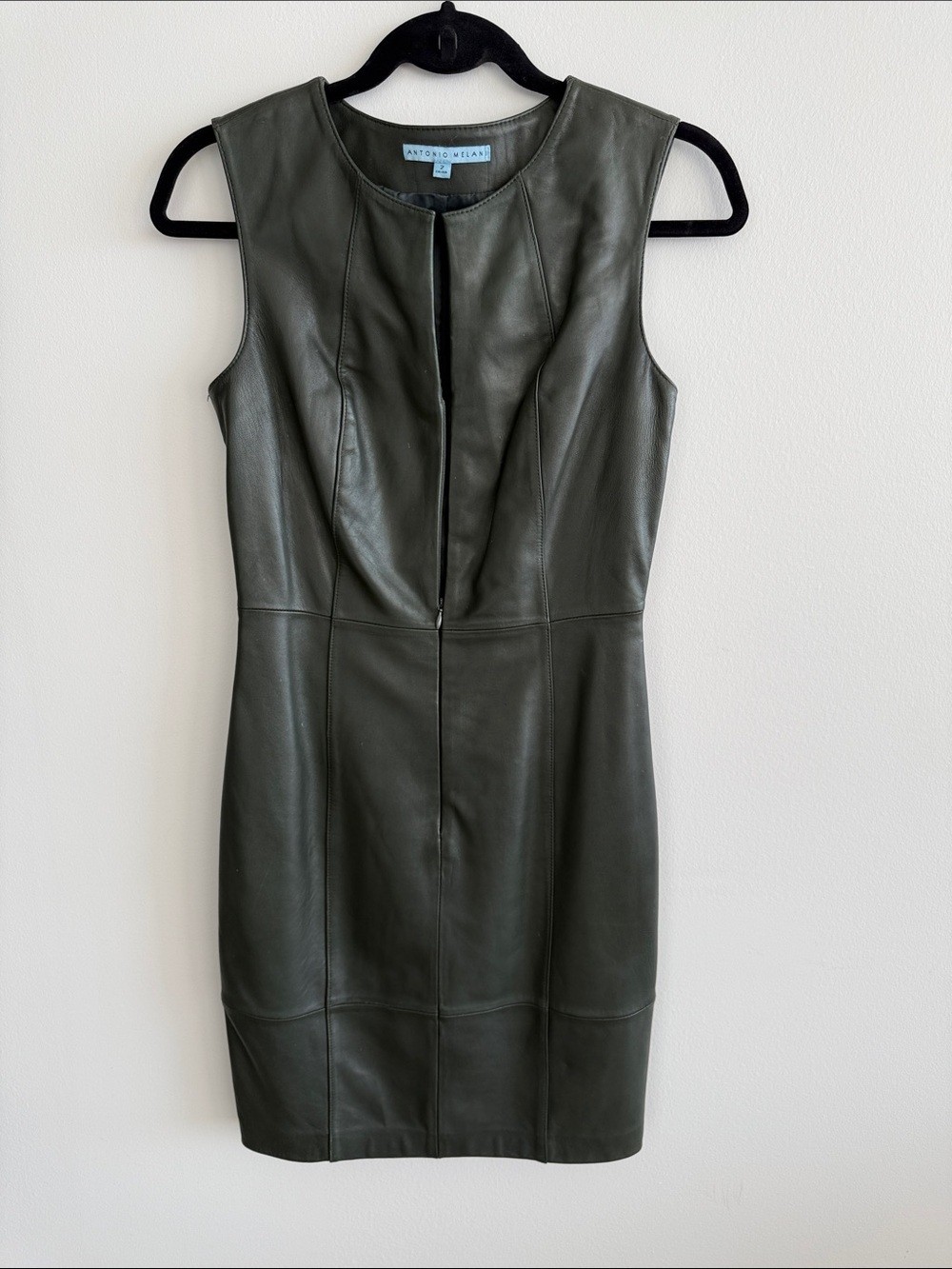 ANTONIO MELANI Olive Green Sleeveless Leather Sheath Dress