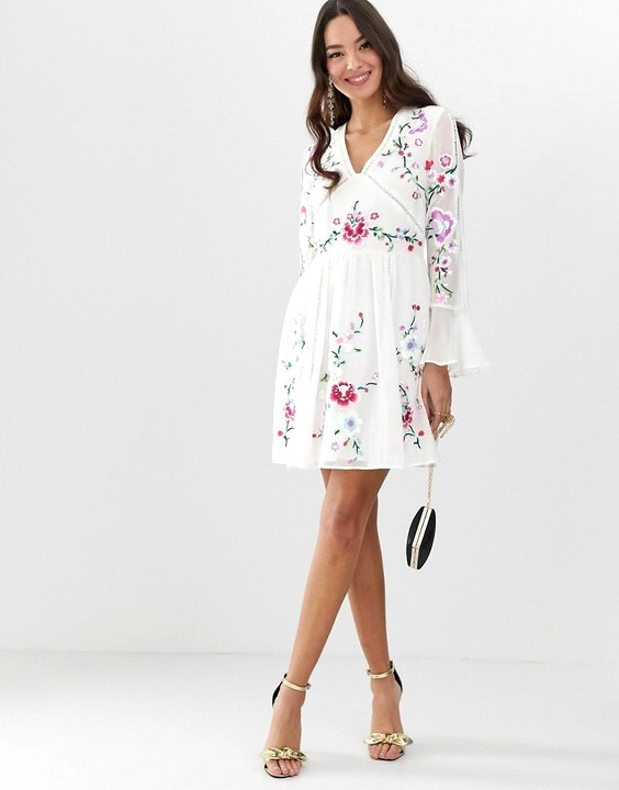 ✨ $189 Modern ASOS Anthropologie Bell Sleeve Embroidery Mini Boho Rio Dress NEW