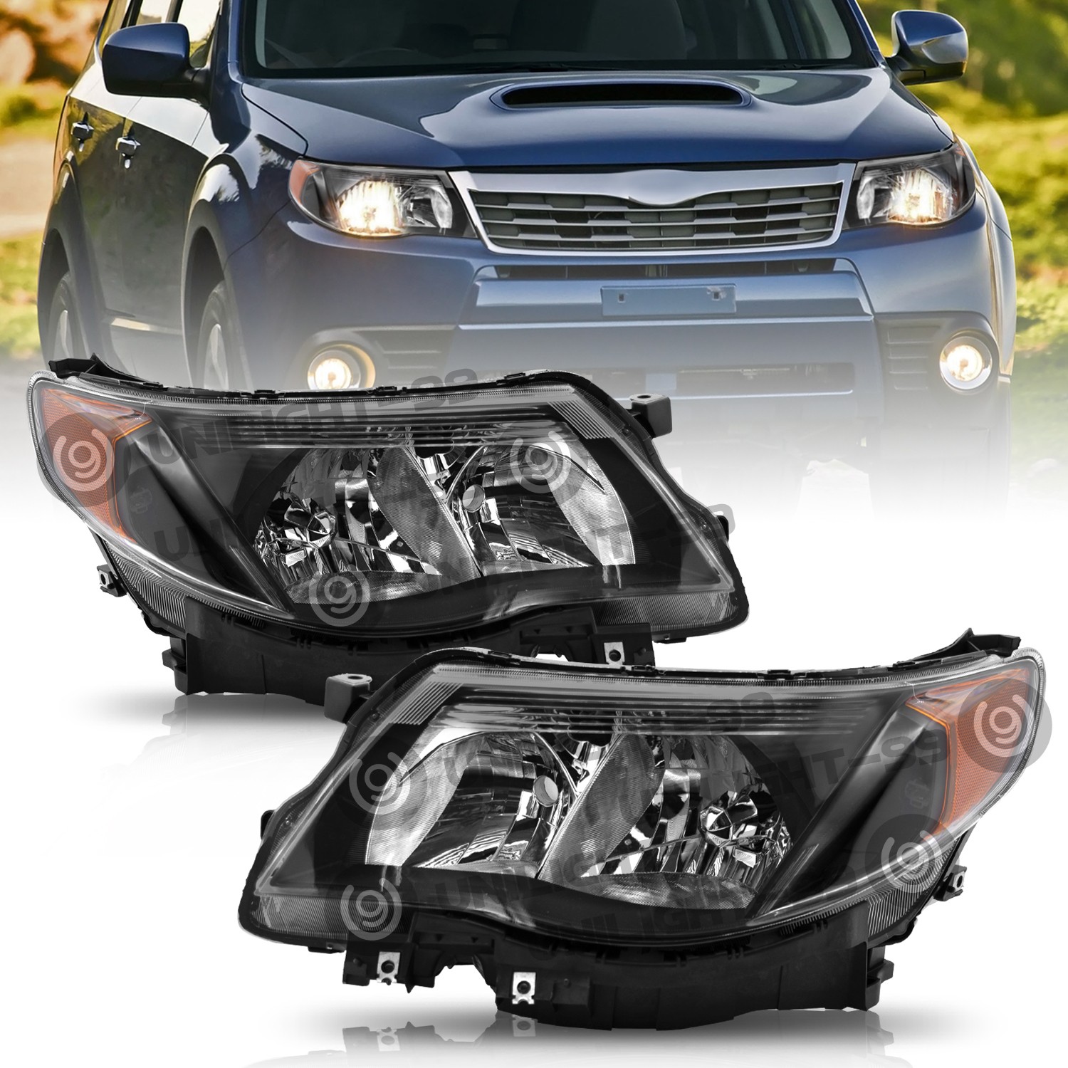 For 2009-2013 Subaru Forester Halogen Black Amber Headlights Assembly Left+Right