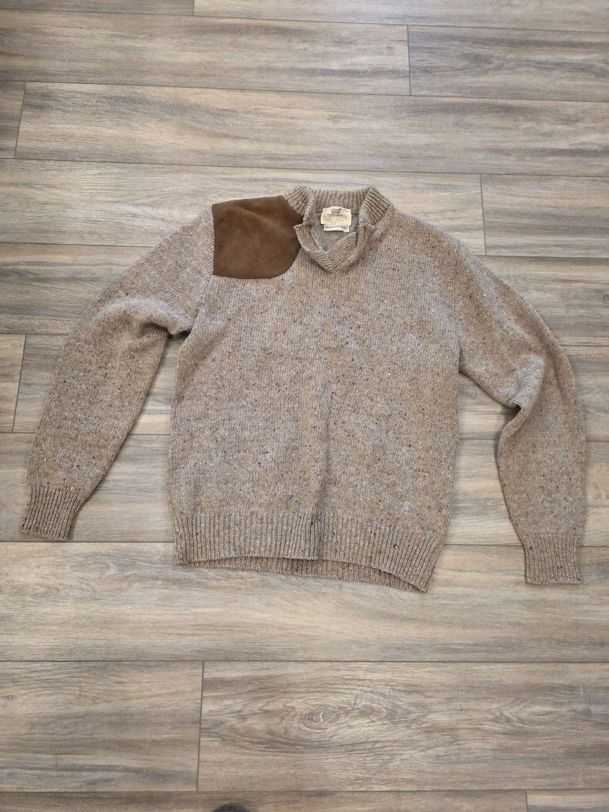 Vintage Lord Jeff Wool Sweater Mens LARGE Mountain Marls Tan Shooting Patch USA