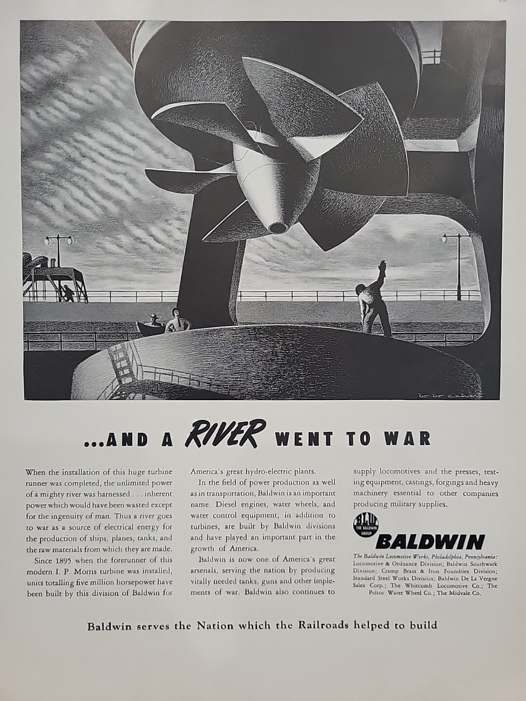 1942 Baldwin Locomotive Works Fortune WW2 Print Ad Q4 Propeller River Boat War