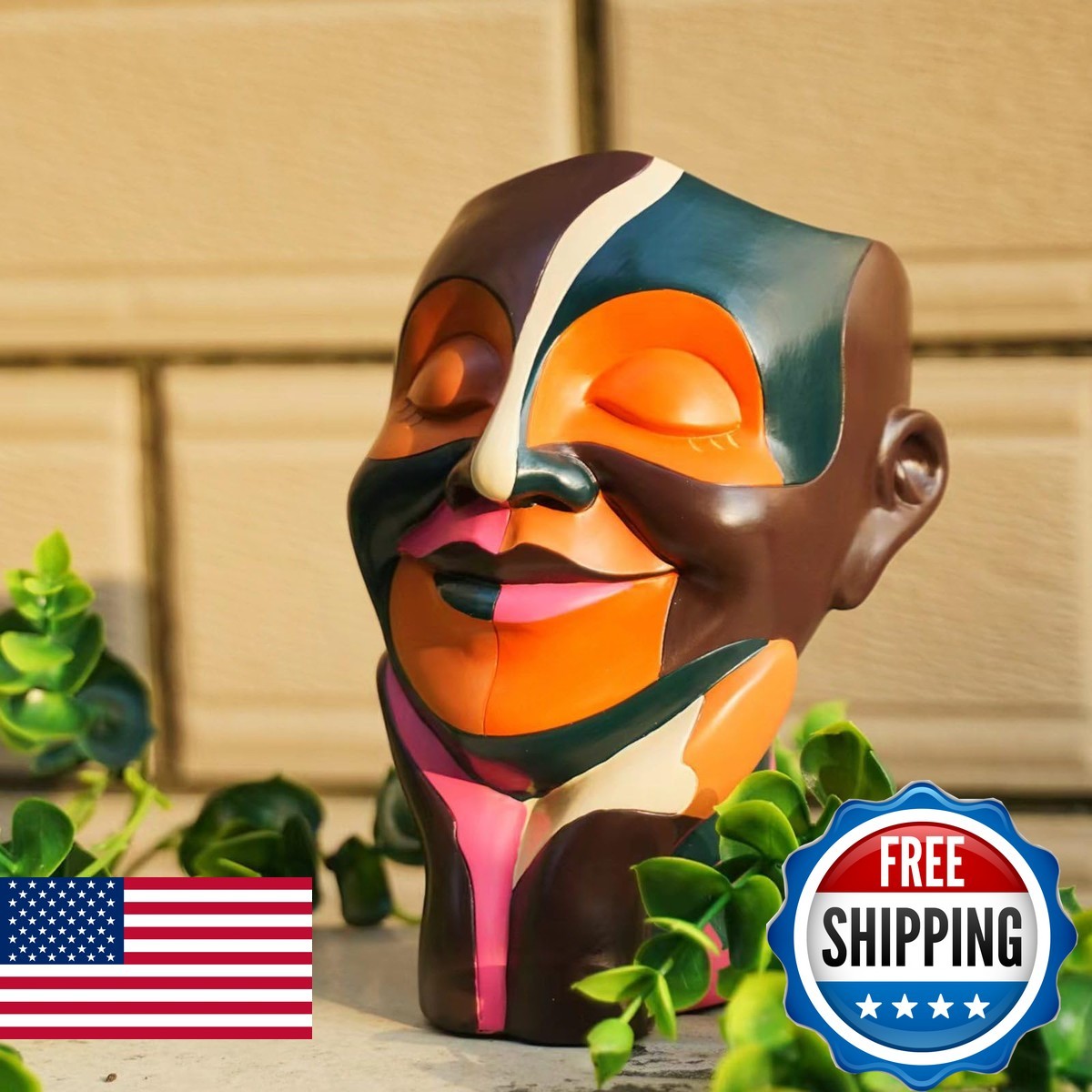 Abstract Face Plant Pots Smiling Head Flower Pots Chocolate&Orange