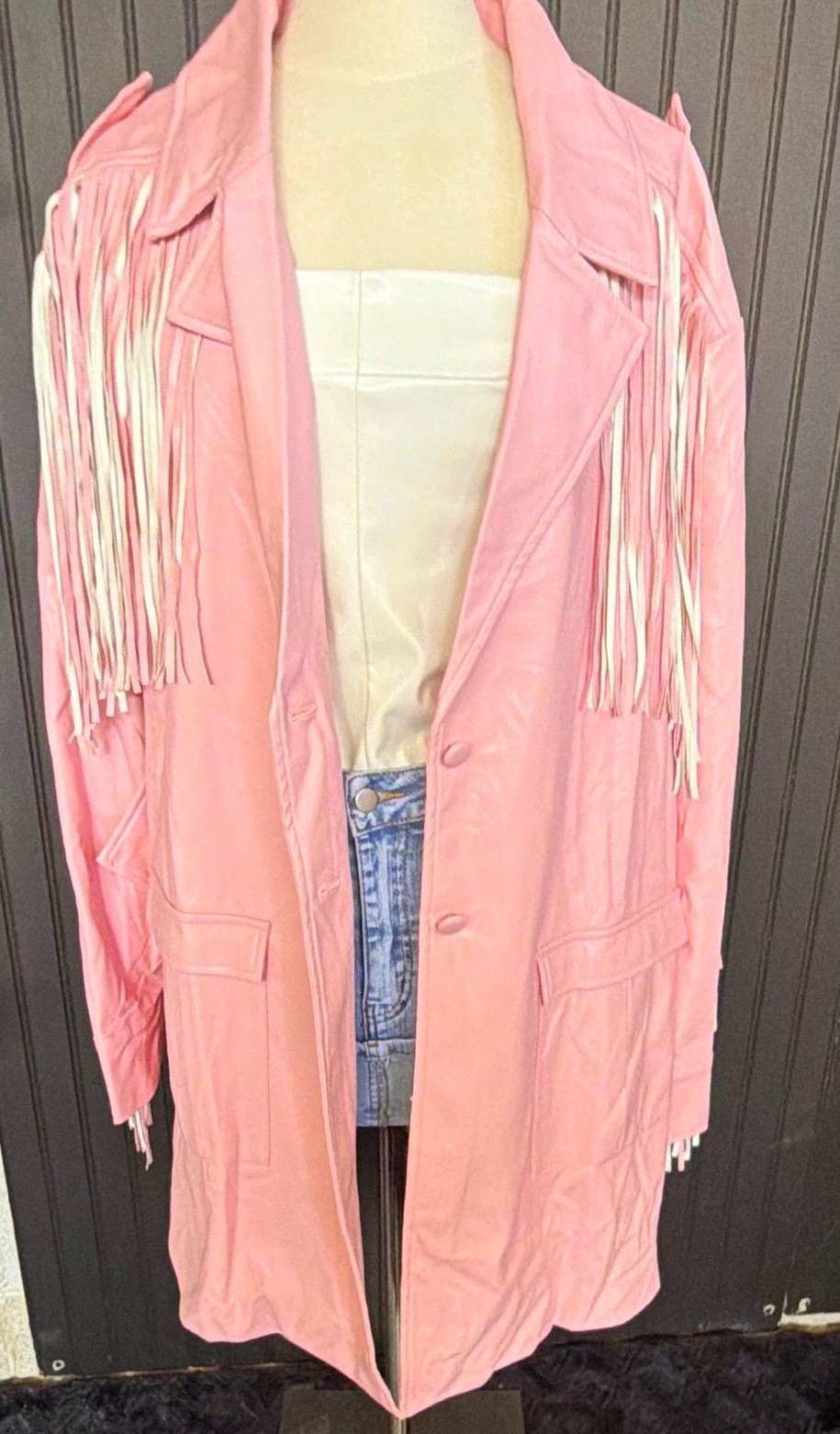 Athina Women’s Pink Western Fringe Belted Collared Mid-Length Jacket Size 2X