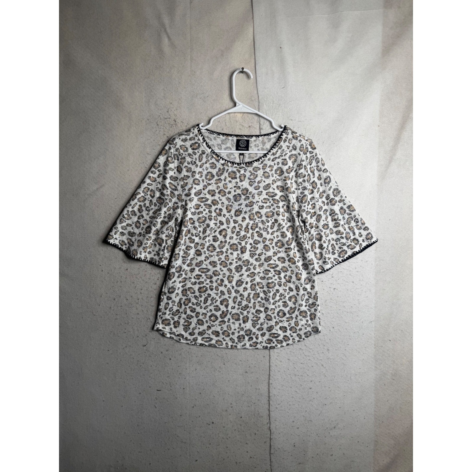 NWT Bobeau Womens Leopard Print Bell Sleeve Knit Top Crochet Trim MT4K8N SZ L