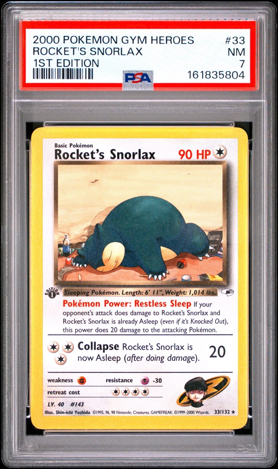 2000 Pokemon Gym Heroes - Rocket\'s Snorlax 1st Edition 033/132 PSA 7