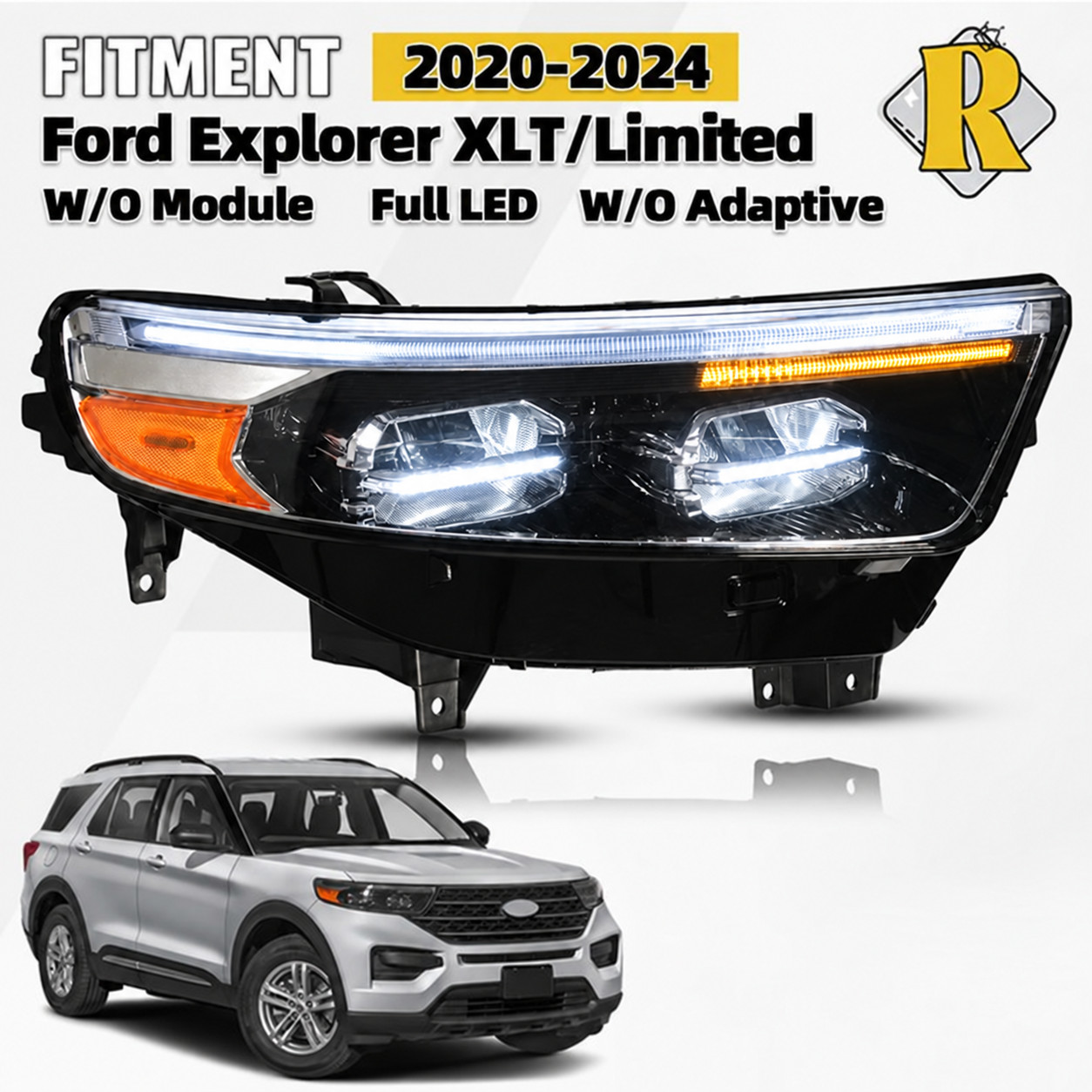 Full LED Headlight w/LED DRL For 2020-2024 Ford Explorer Right Passenger Chrome