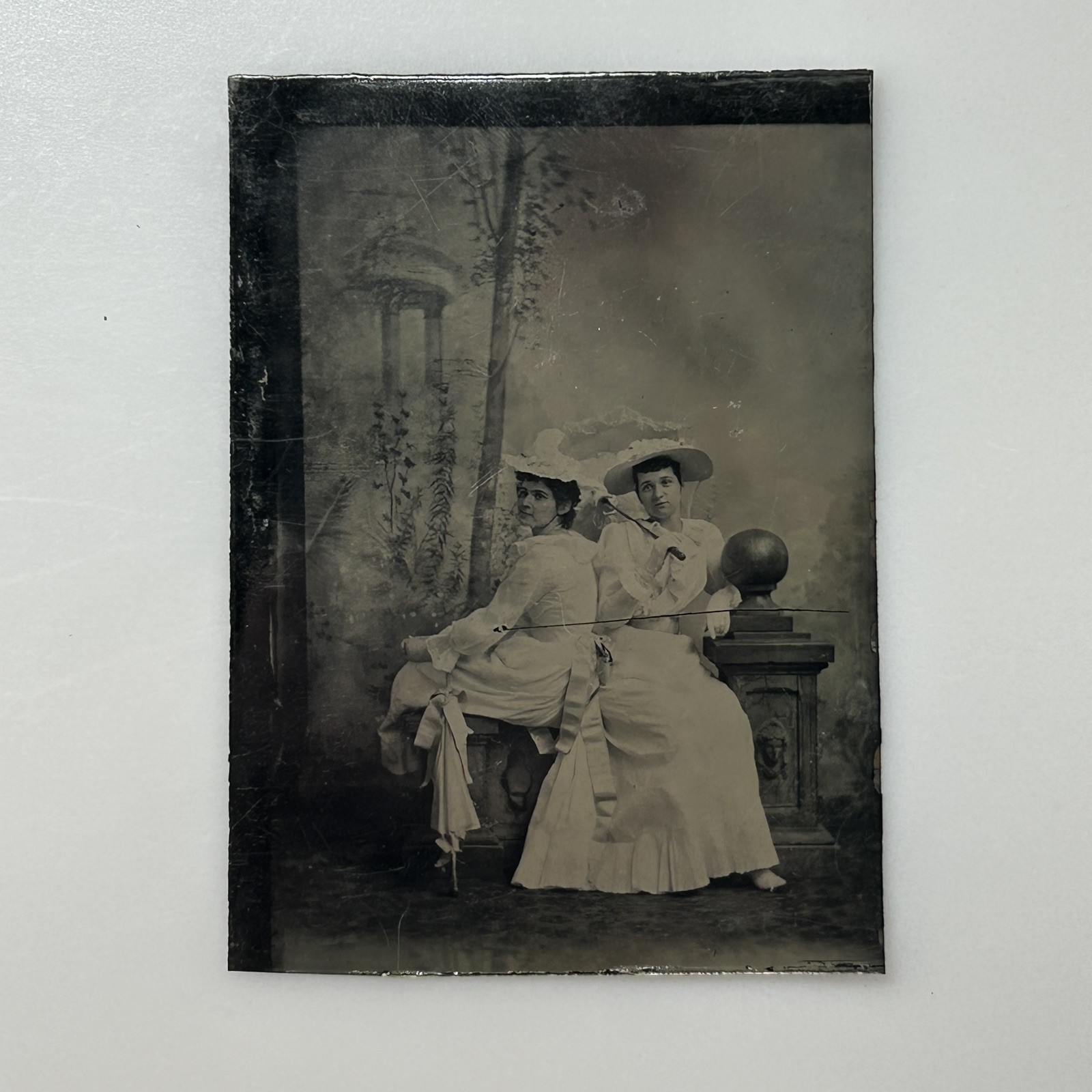 Antique 1892 Tintype Two Victorian Women White Dresses Hats 1/6 Plate