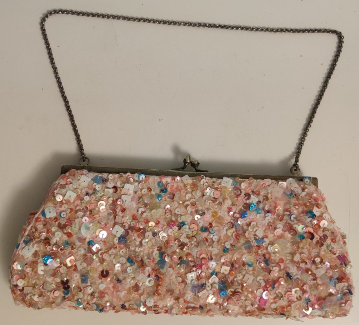 Vintage K.C. Malhan Pink Sequin Evening Clutch Bag | Beaded Party Purse India Vintage K.C. Malhan Pink Sequin Evening Clutch Bag | Beaded Party Purse India