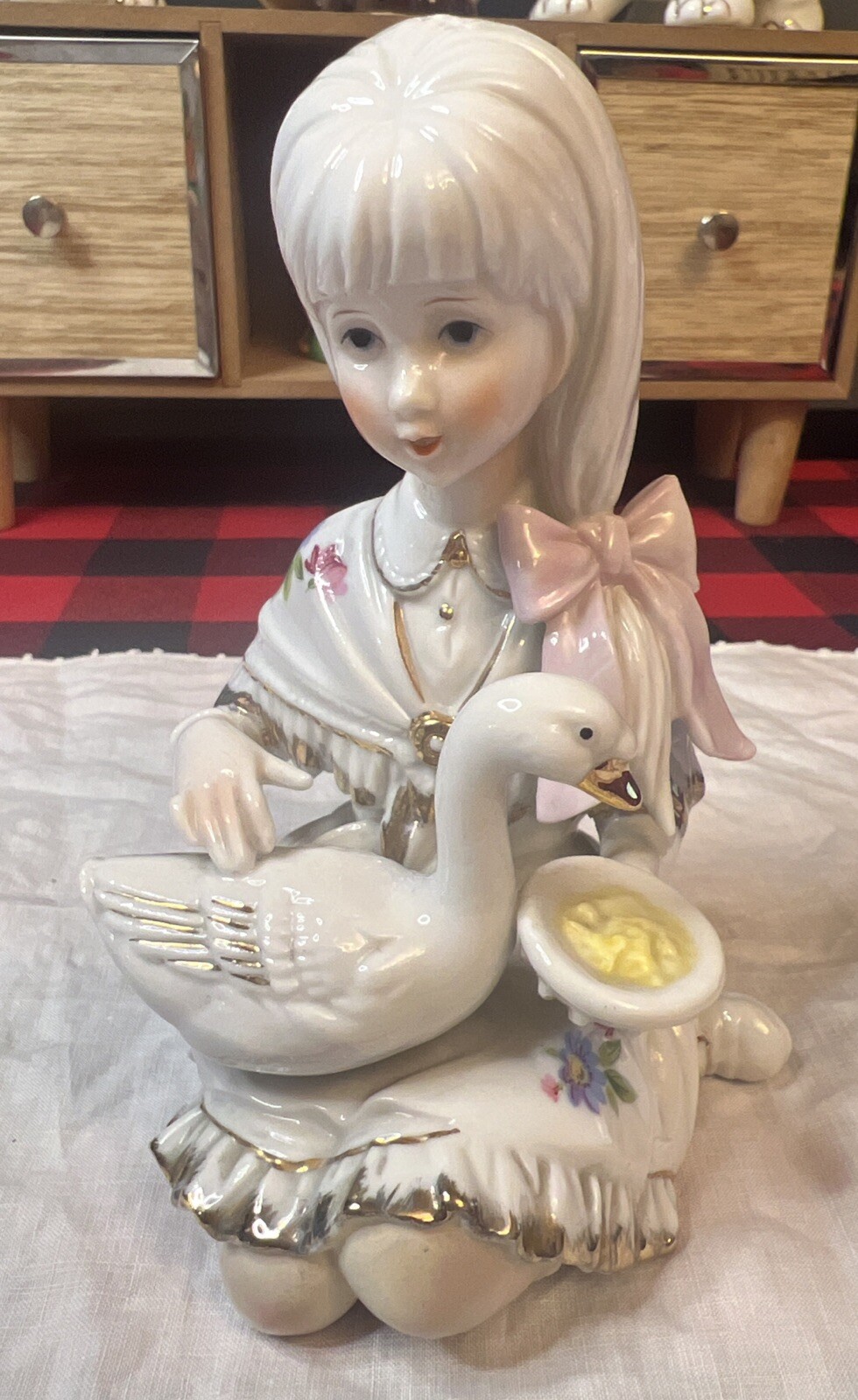 Vintage Porcelain Girl Feeding Goose Figurine Hold Accents Vintage Porcelain Girl Feeding Goose Figurine Hold Accents