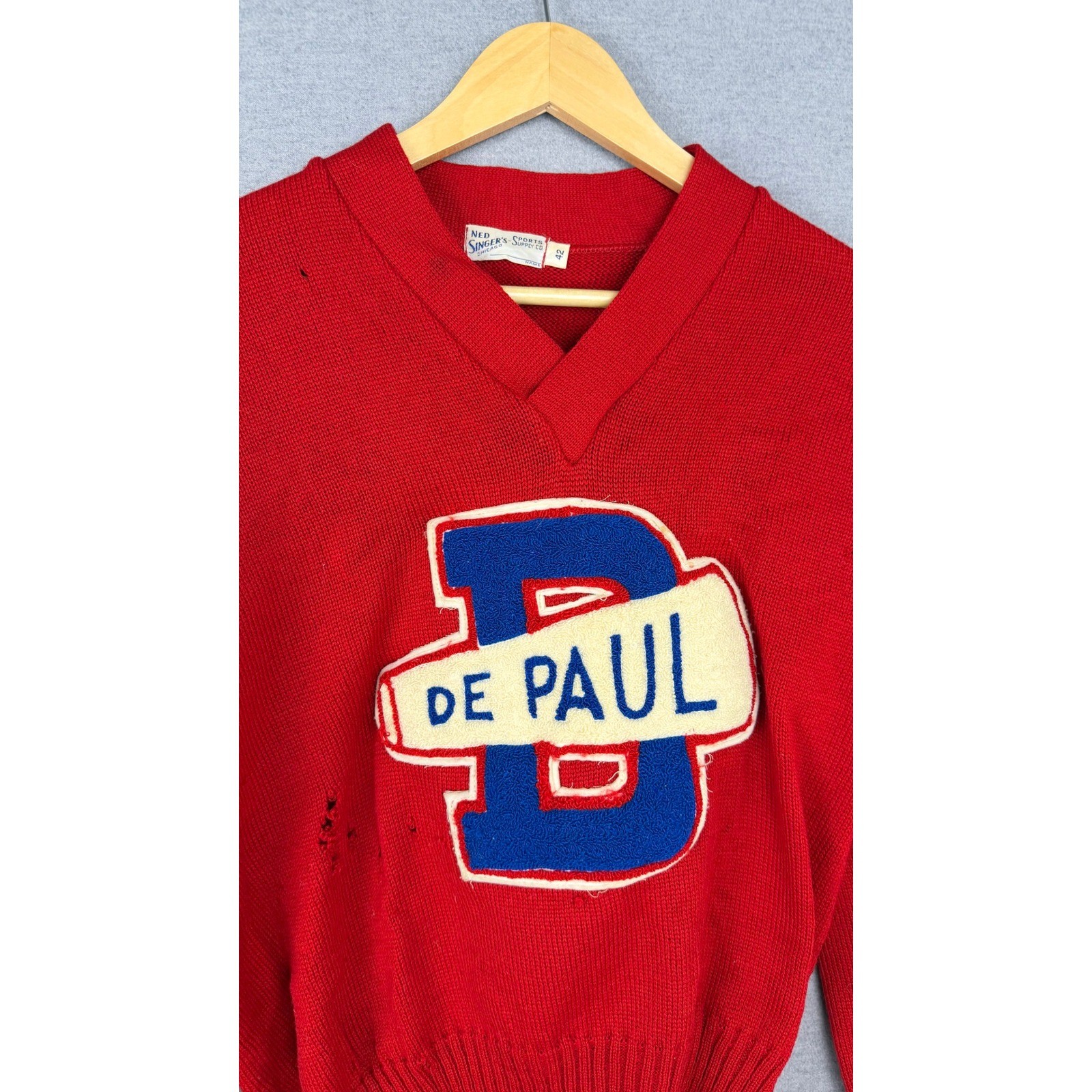 Vintage De Paul University Letterman Sweater Red Ned Singer Sports Supply 42 Vintage De Paul University Letterman Sweater Red Ned Singer Sports Supply 42
