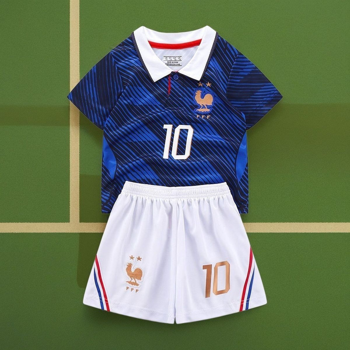 France Mbappe #10 Soccer Youth Set (Blue T-shirt + White Short) Size 14-30