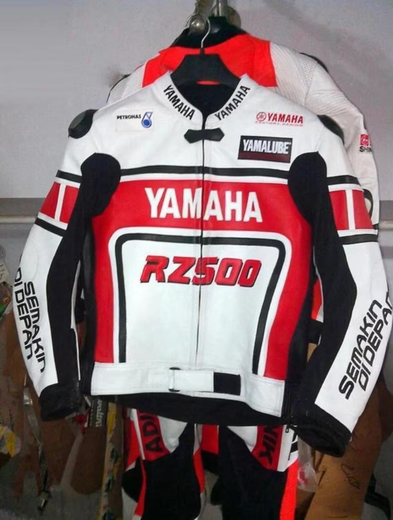 Men's Yamaha RZ500 White Cowhide Leather Motorcycle Jacket Replica
