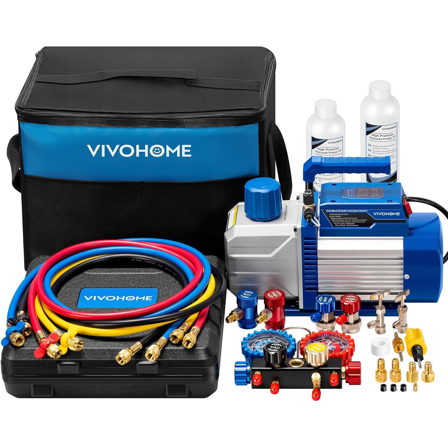 HVAC AC Vacuum Pump Kit 5CFM 1/2HP & Manifold Gauge Set Auto R134a R410A R1234yf