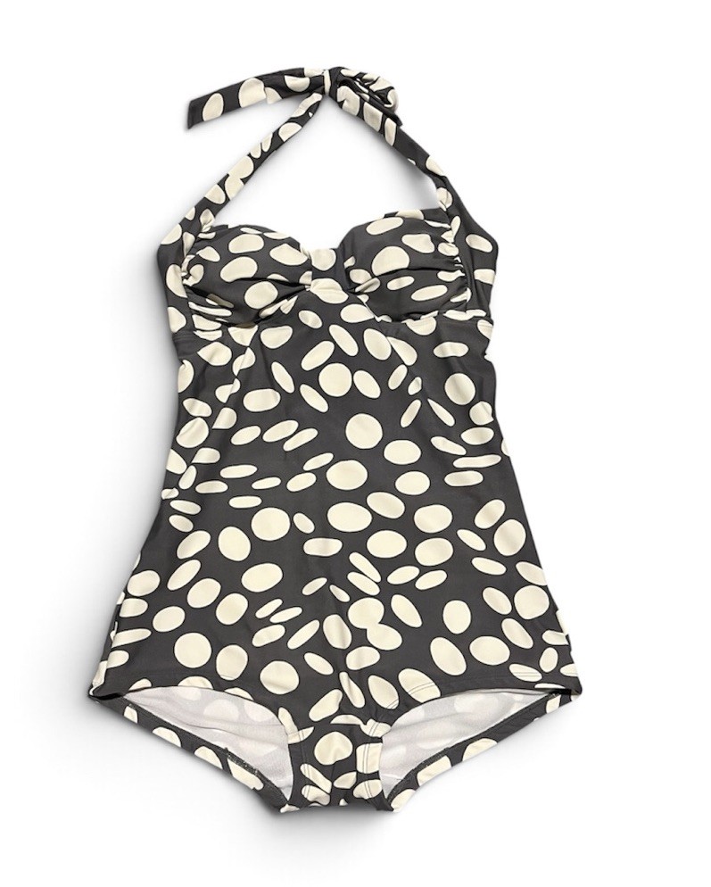 Boden Women’s Halter One Piece Bathing Swimsuit Gray Green Ivory Spots Sz 6 Boden Women’s Halter One Piece Bathing Swimsuit Gray Green Ivory Spots Sz 6