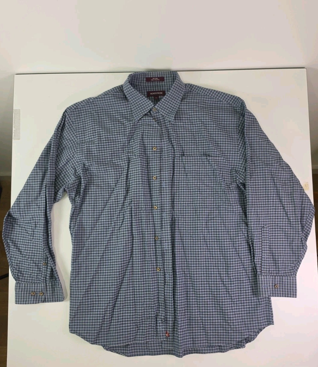 Vintage Nordstrom Men\'s Button-Up Shirt Blue Blocks XL Business Cotton 90s Mall