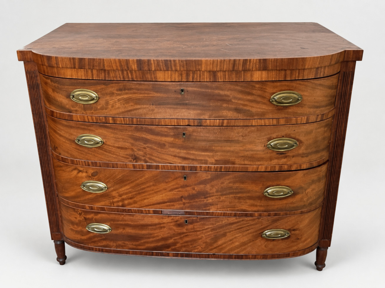 Antique Bow Front Chest of Drawers 4-Drawer Mahogany Wood Brass Pulls Federal