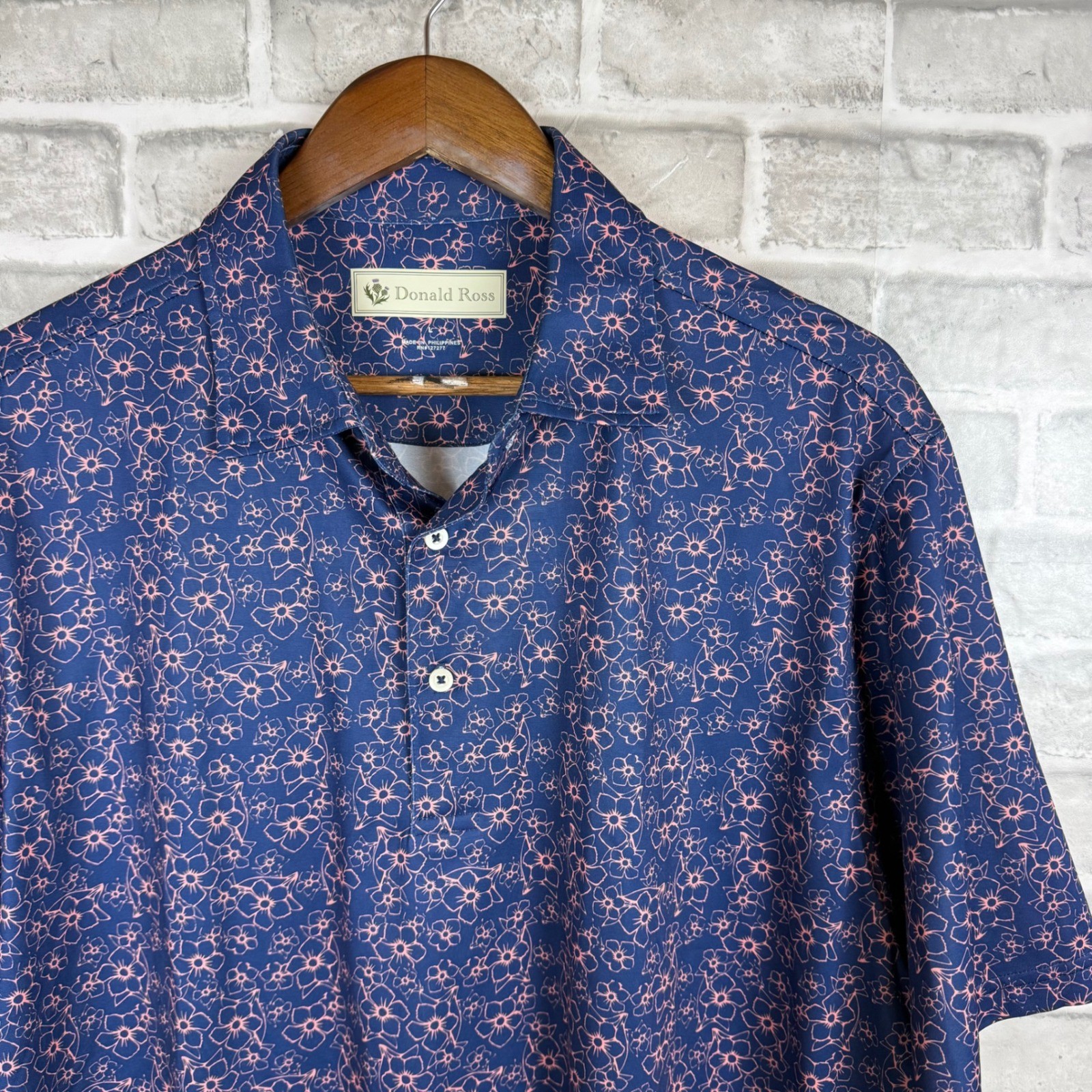 Donald Ross Mens Navy Pink Floral Golf Polo Shirt Large Short Sleeve Sportswear