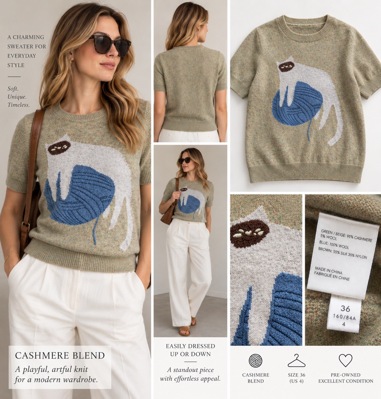 Anthropologie Cashmere Collection Cat Graphic Short Sleeve Sweater Small Moss