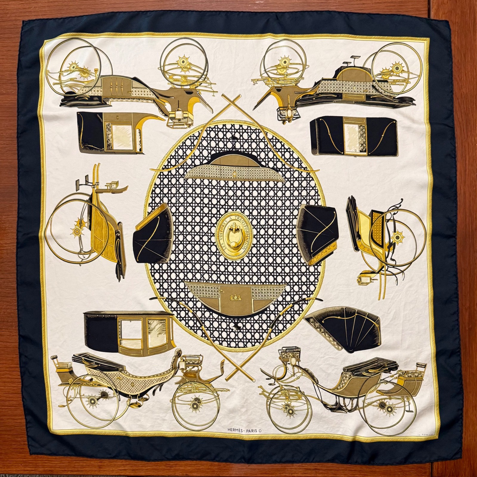 Authentic Vintage Hermes Silk Scarf Voitures a Transformation 90cm Black Gold Authentic Vintage Hermes Silk Scarf Voitures a Transformation 90cm Black Gold