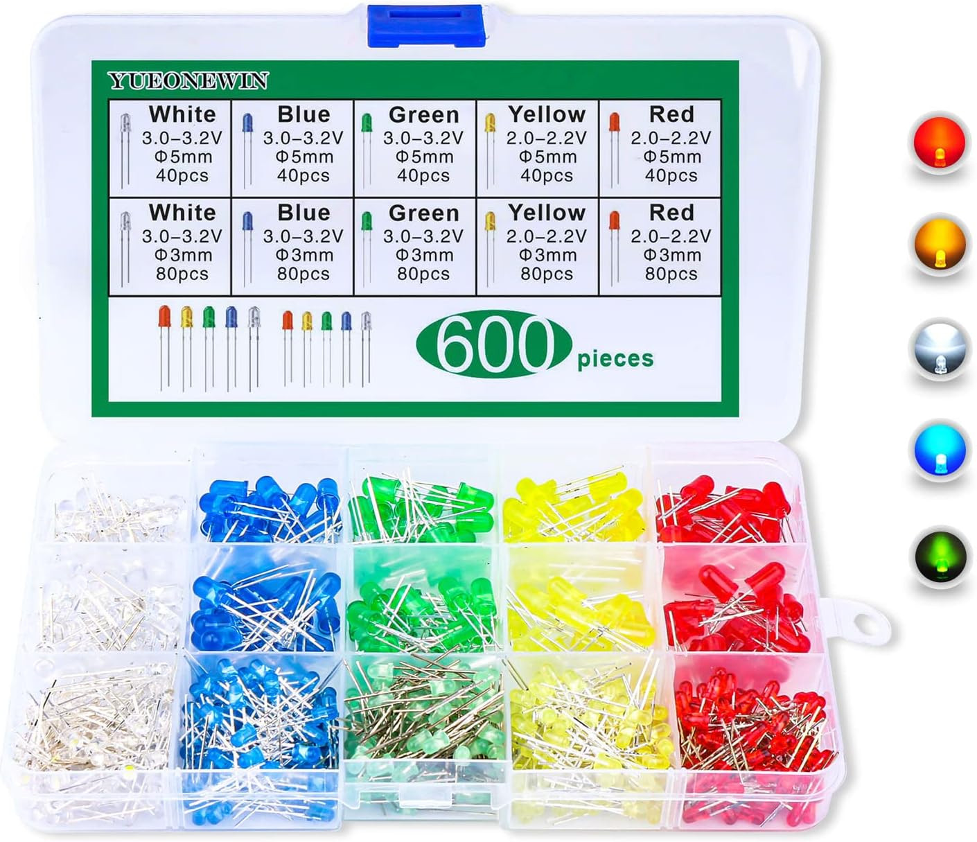 600Pcs 3Mm 5Mm LED Light Emitting Diodes Assortment Kit round Diffused Led