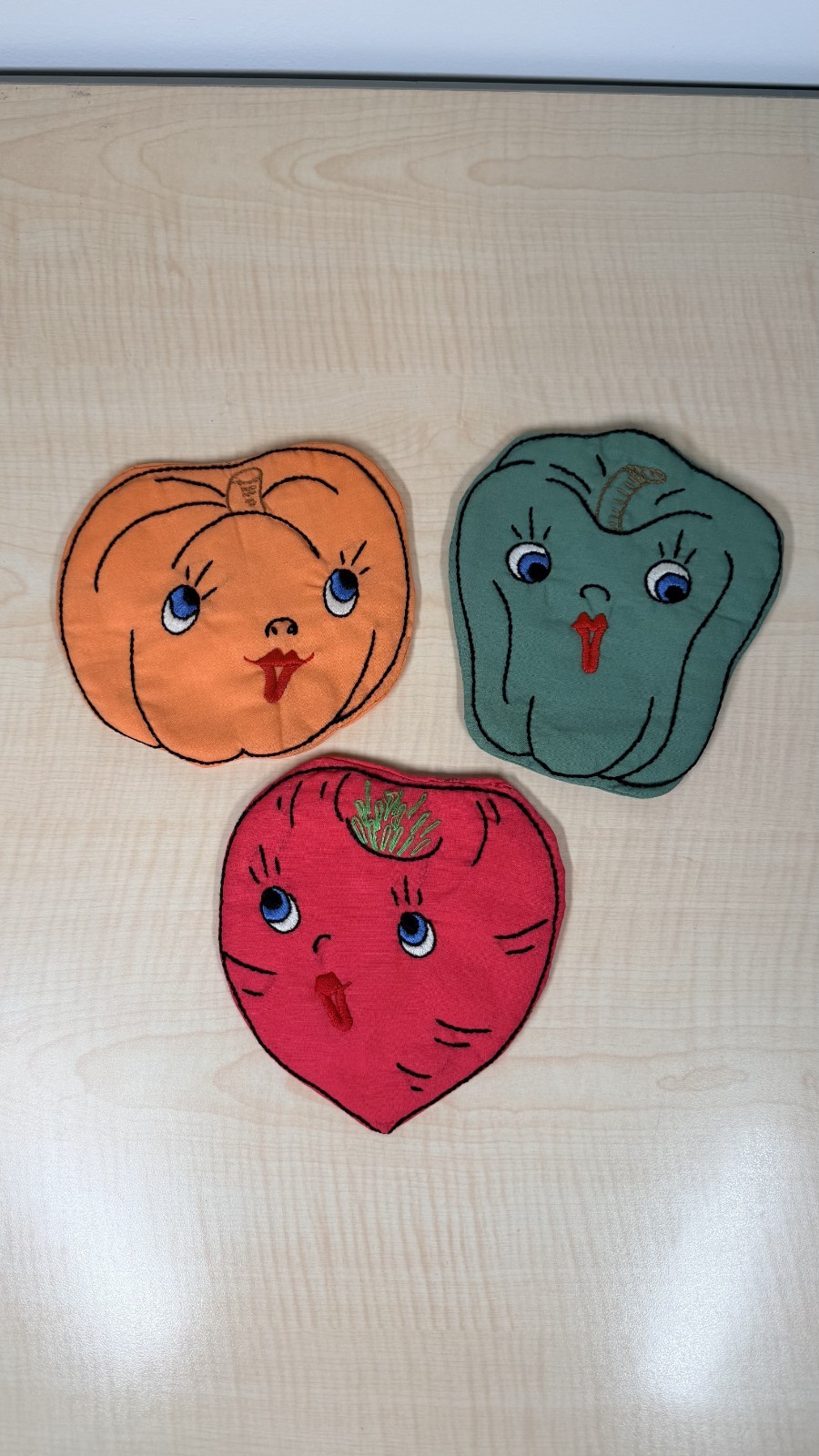 Vintage Hand Embroidered Pot Holders Set 3 Anthropomorphic Vegetables Kitsch Cut Vintage Hand Embroidered Pot Holders Set 3 Anthropomorphic Vegetables Kitsch Cut