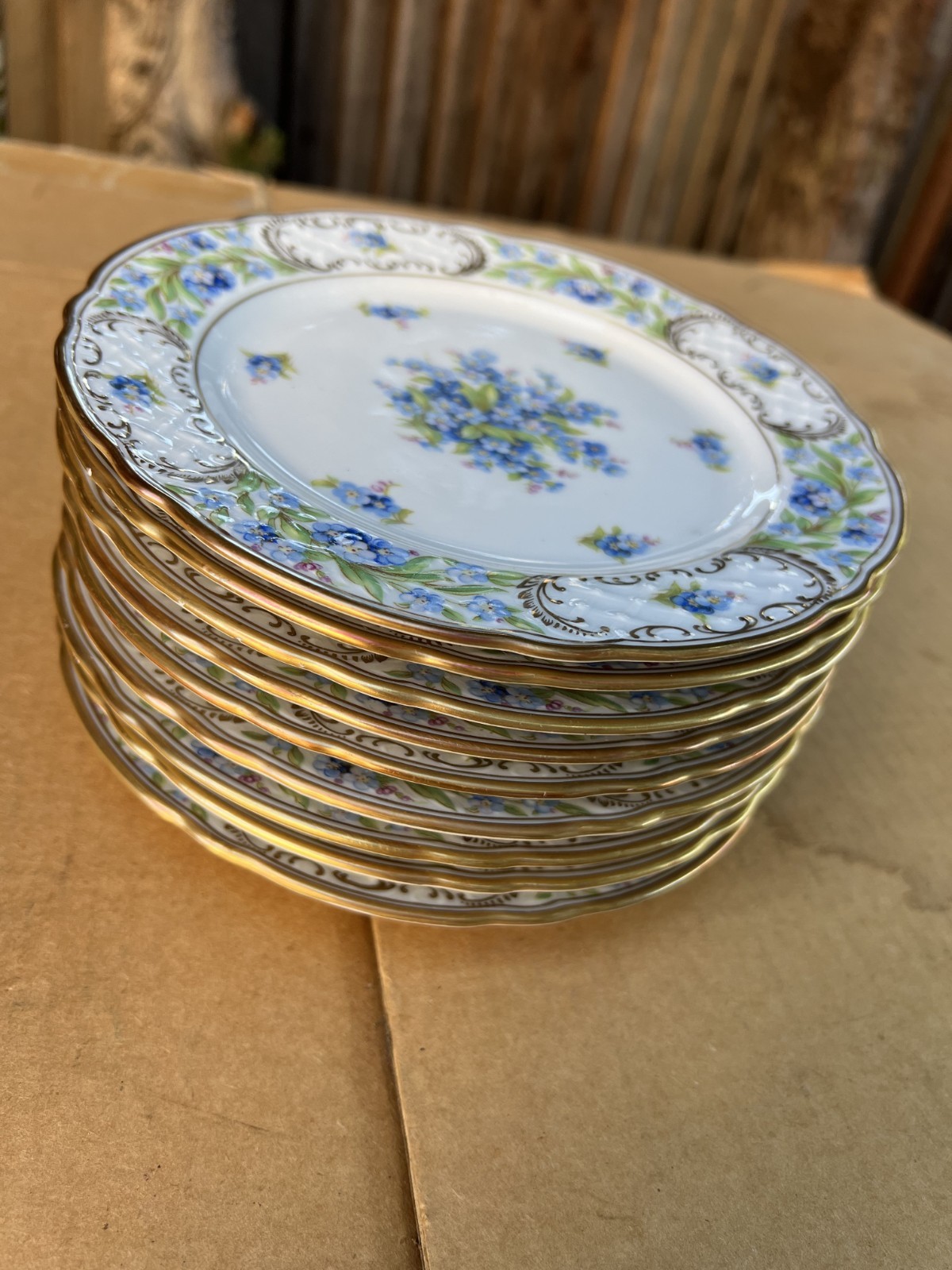 Lot of 9 Vintage Hand Painted Schumann Forget-Me-Not Gold Trim Plates 7-3/4