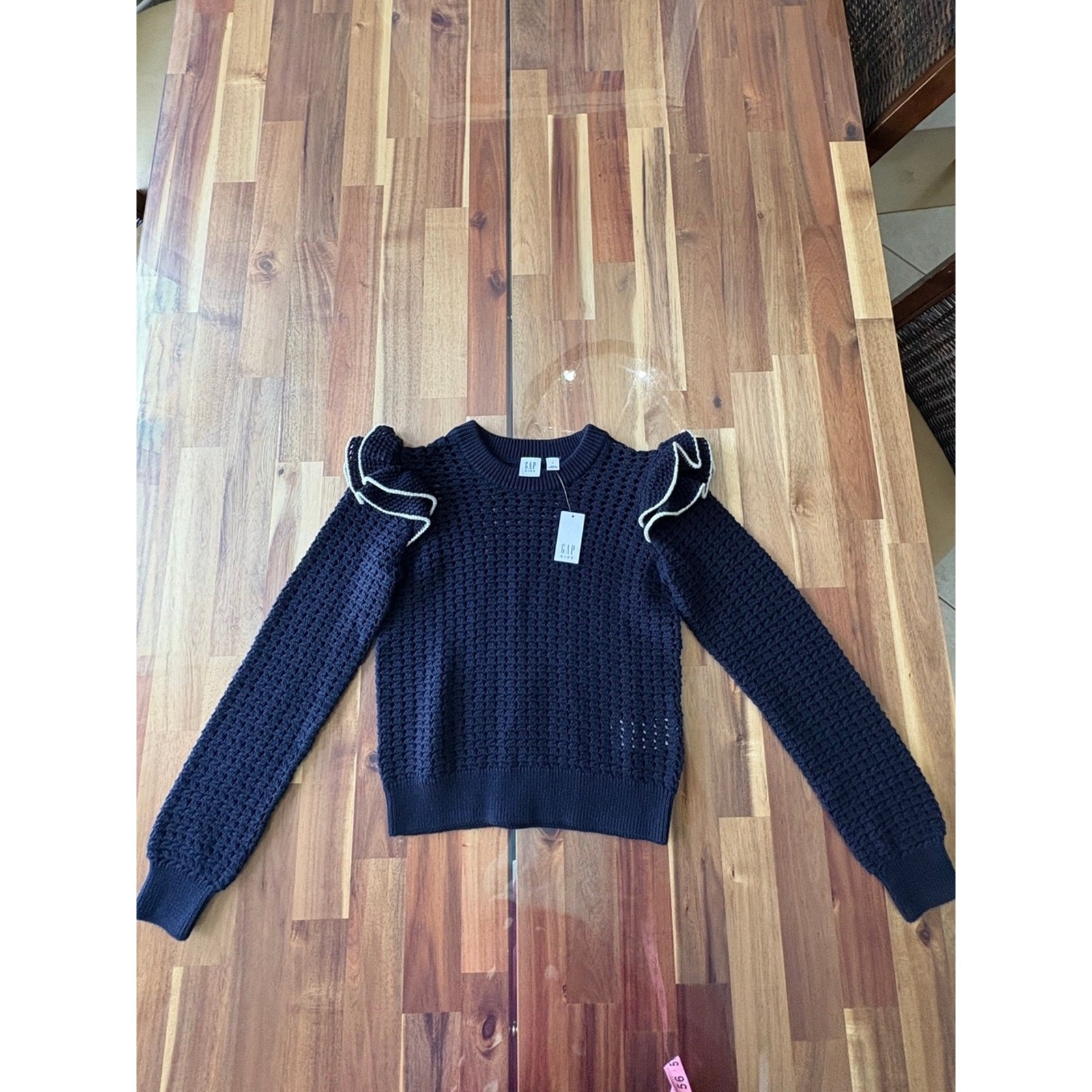 NWT Sz L Kids GAP Navy Knit Eyelet Sweater Ruffle Shoulders, Ribbed CuffsgcxΩ