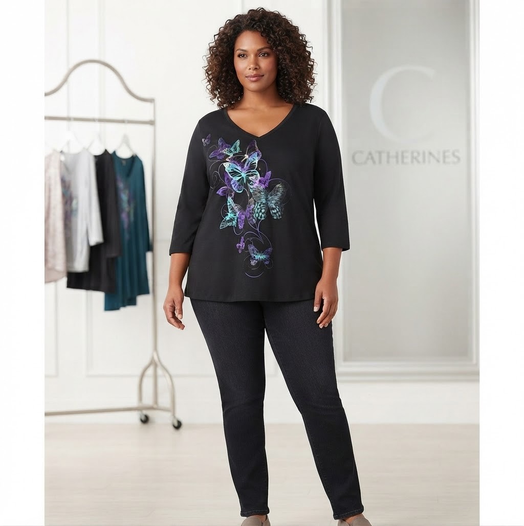 Catherine\'s NWT Women’s Plus Size OX Glitter Butterflies 3/4 Sleeve Shirt Catherine\'s NWT Women’s Plus Size OX Glitter Butterflies 3/4 Sleeve Shirt