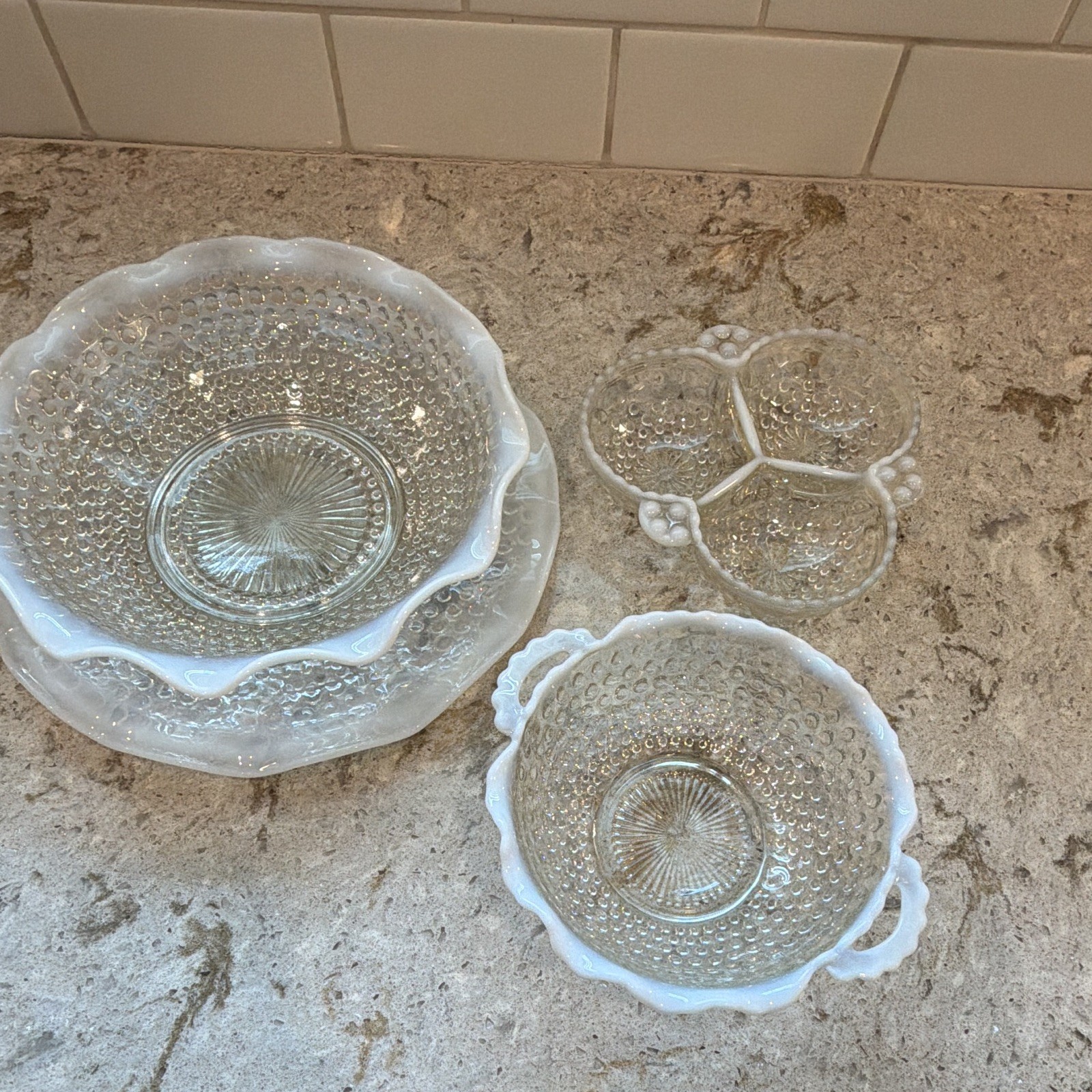 Vintage Mid-Century Moonstone Opalescent Hobnail Glassware Set - 3 Pieces Vintage Mid-Century Moonstone Opalescent Hobnail Glassware Set - 3 Pieces