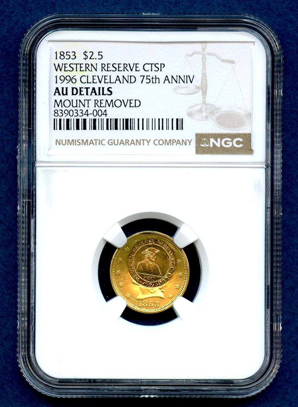 1853 NGC AU Details $2.5 Gold Eagle Western Reserve Counterstamp 1996 75th Ann.
