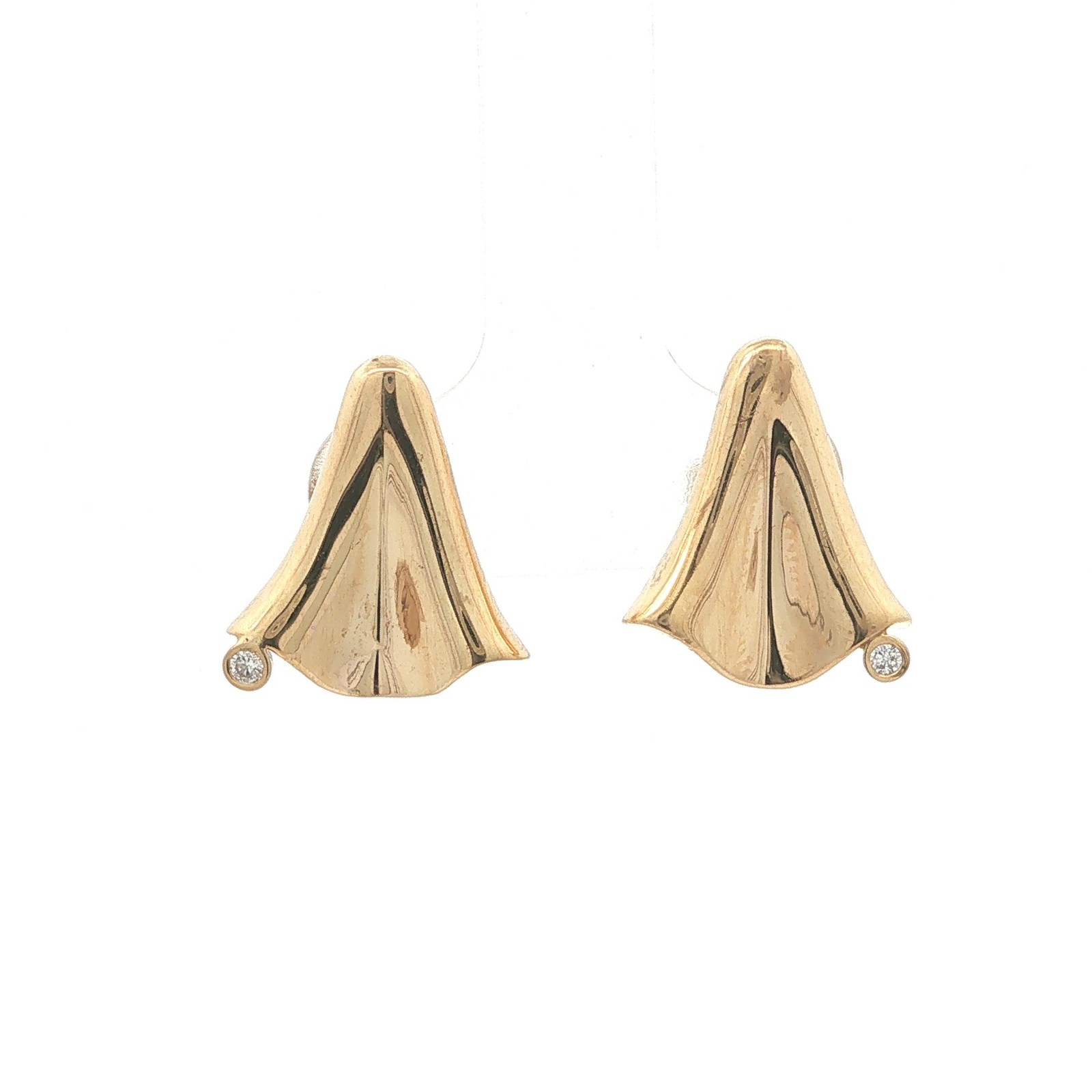 Vintage 14k Yellow Gold Diamond Abstract Calla Lily Flower Tent Earrings
