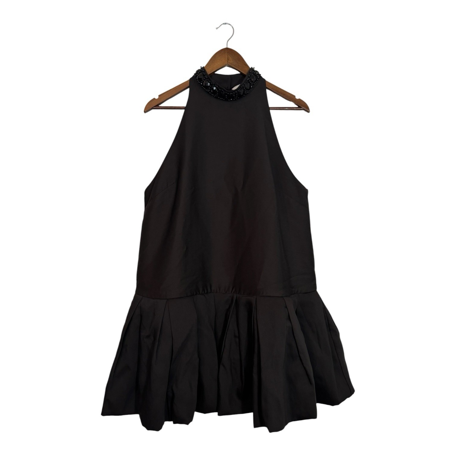 H&M Edition Black Bubble Hem Mini Dress Beaded Neck Pleated Size Large NEW