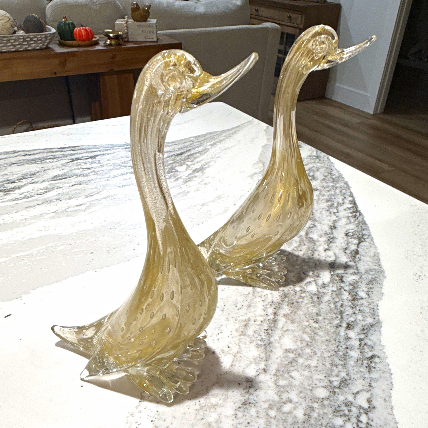 Vintage Murano Glass Duck Figurine Pair MCM Gold Aventurine Bullicante Bird Ital