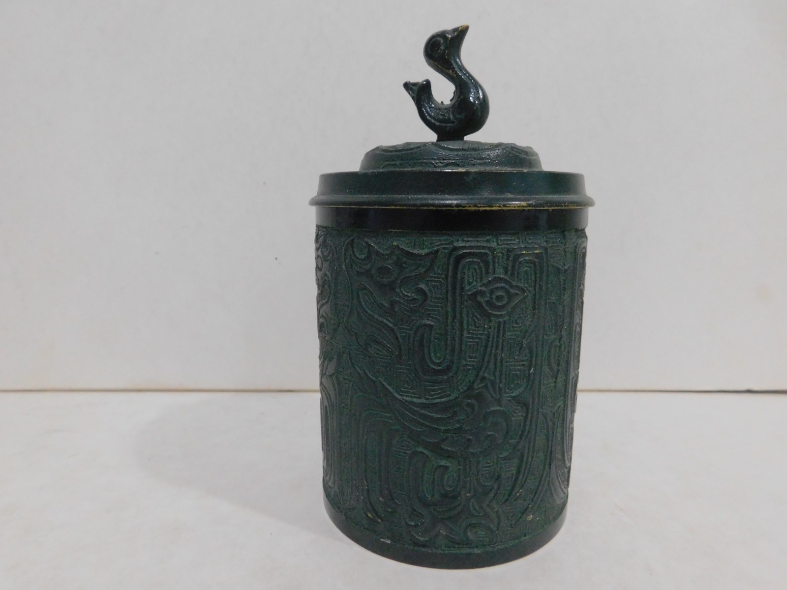 Antique Japanese Brass Jar, canister, lid with bird, trinket dish, green